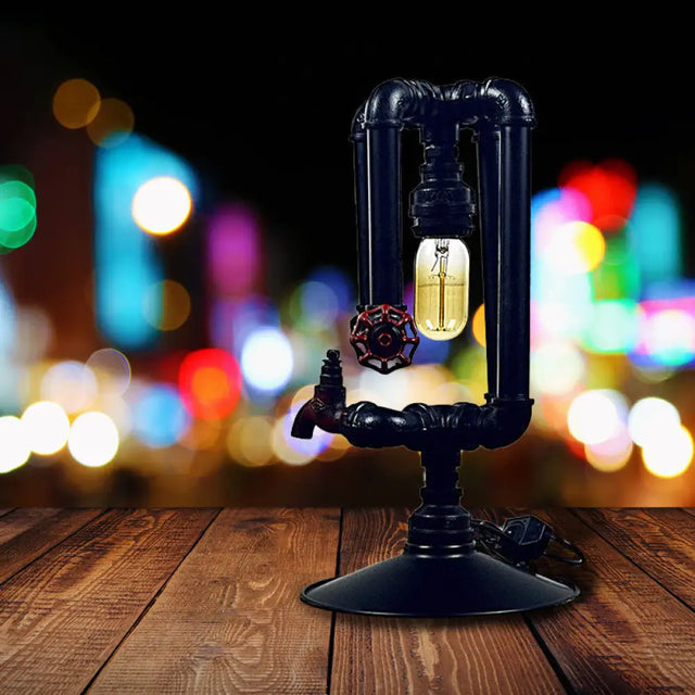 Industrial Metal Water Pipe Table Lamp - Polished Black Finish With Faucet And Valve