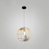 Industrial Metallic Pendant Light With Cage Globe Design For Coffee Shop - 1 Ceiling Fixture White