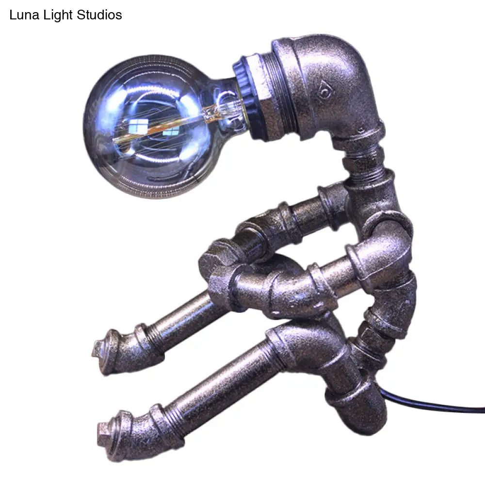 Industrial Nightstand Light: Metallic Silver Table Lighting Robot Pipe With Exposed Bulb Design