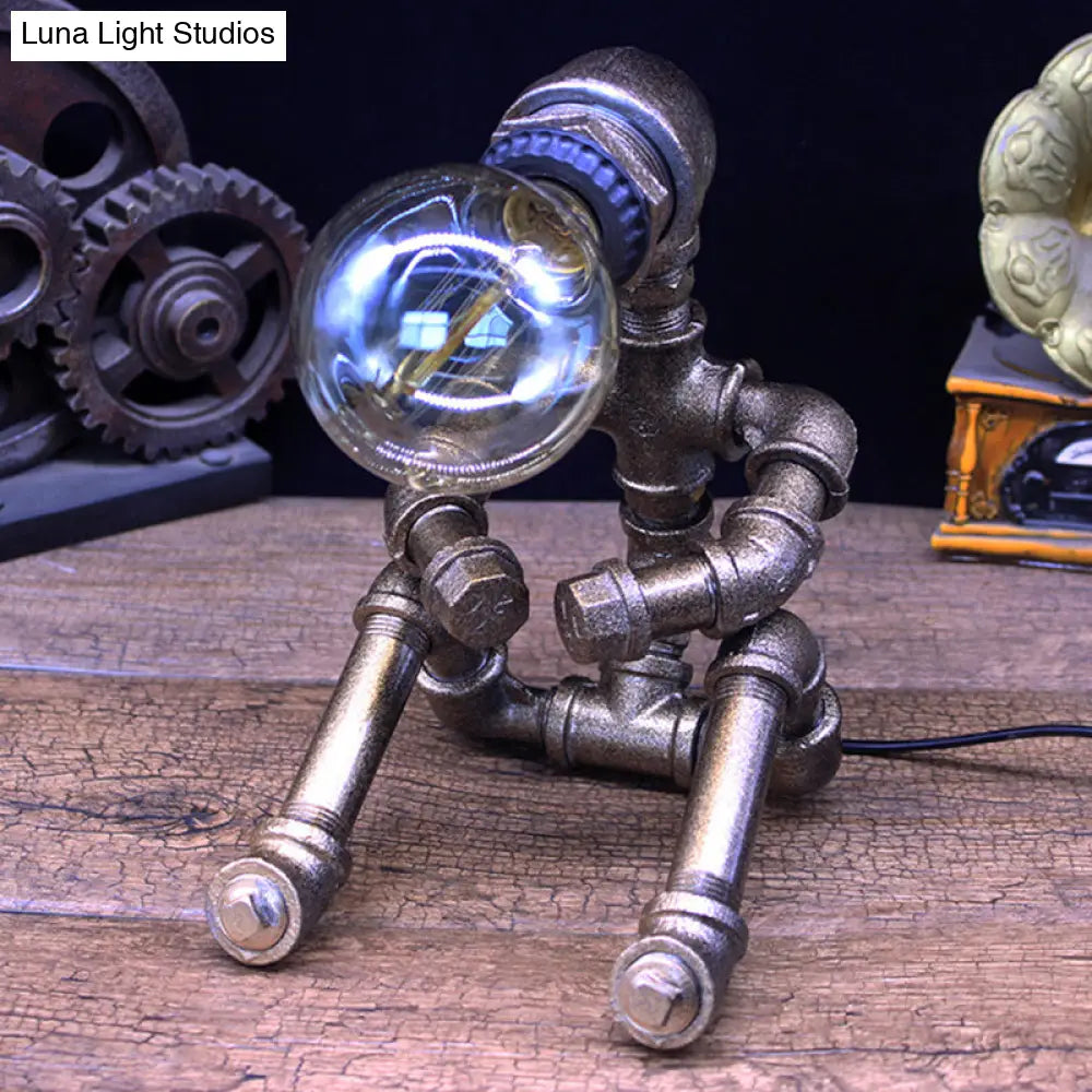 Industrial Nightstand Light: Metallic Silver Table Lighting Robot Pipe With Exposed Bulb Design