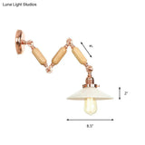 Industrial Opal Glass Cone Wall Light With Curved Arm - 1 Wood Finish Dining Room Sconce Fixture