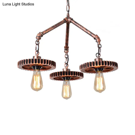 Industrial Open Metal Chandelier - 3-Light Pendant Lighting In Weathered Copper Gear For Dining Room