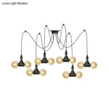 Industrial Orb Amber Glass Pendant Lamp - Multi Hanging Light Fixture (4/6/12 Bulbs) In Black