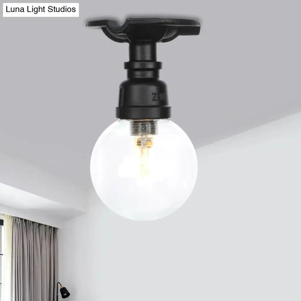 Industrial Orb Clear Glass Semi Flush Ceiling Fixture With 1 Bulb In Black