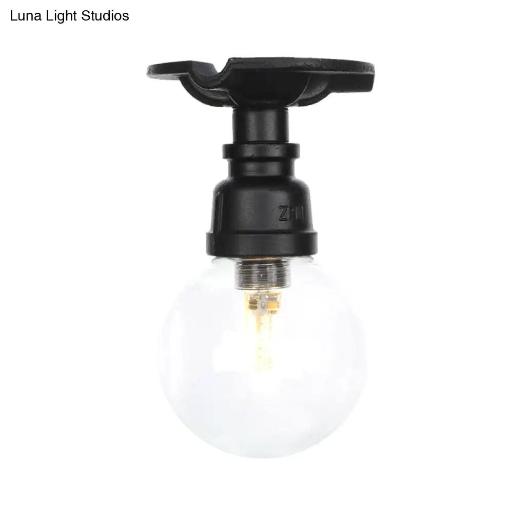 Industrial Orb Clear Glass Semi Flush Ceiling Fixture With 1 Bulb In Black