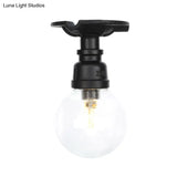 Industrial Orb Clear Glass Semi Flush Ceiling Fixture With 1 Bulb In Black