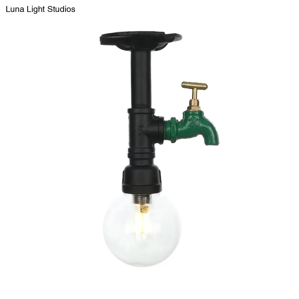 Industrial Orb Clear Glass Semi Flush Ceiling Fixture With 1 Bulb In Black