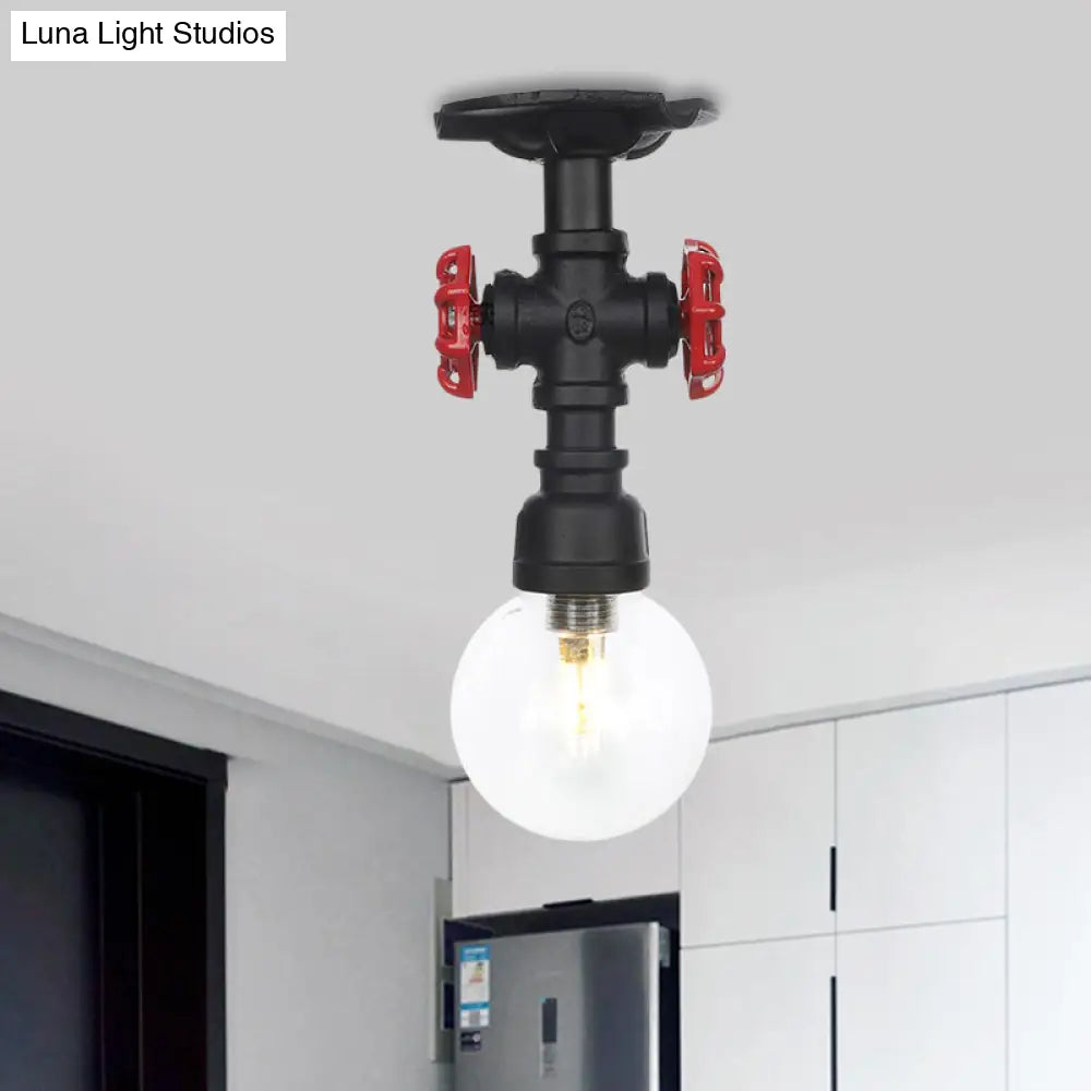 Industrial Orb Clear Glass Semi Flush Ceiling Fixture With 1 Bulb In Black