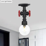 Industrial Orb Clear Glass Semi Flush Ceiling Fixture With 1 Bulb In Black
