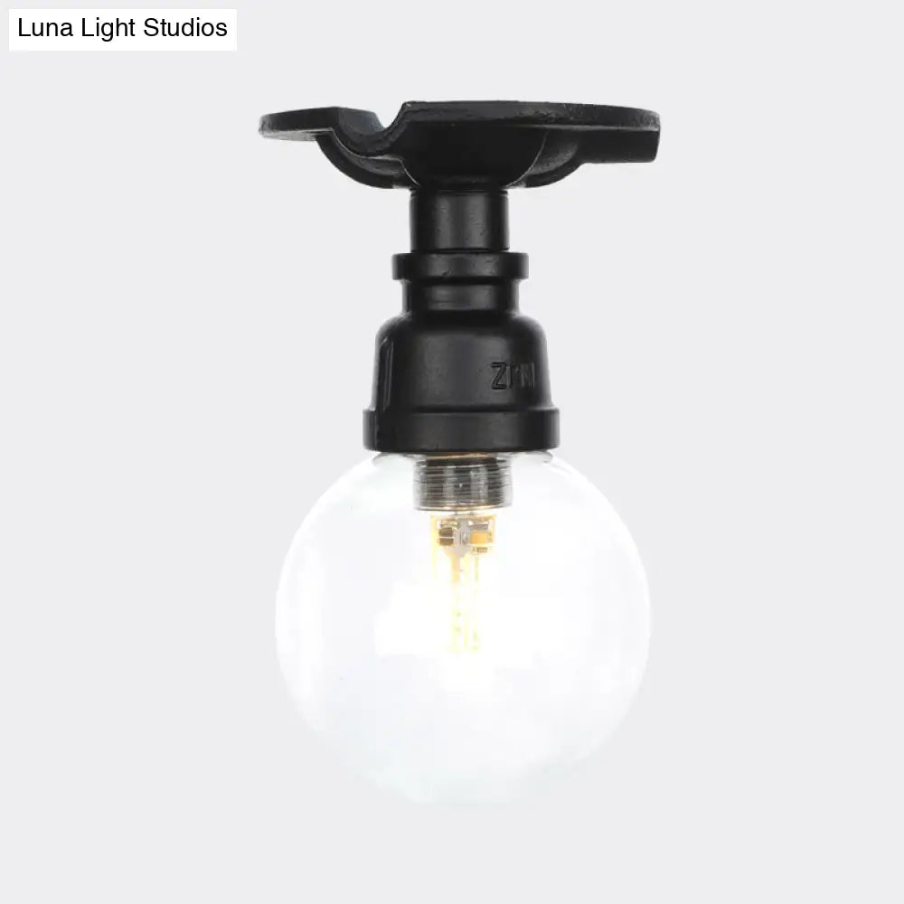 Industrial Orb Clear Glass Semi Flush Ceiling Fixture With 1 Bulb In Black