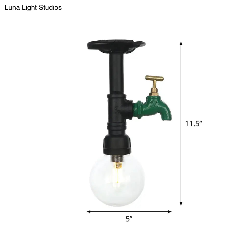Industrial Orb Clear Glass Semi Flush Ceiling Fixture With 1 Bulb In Black