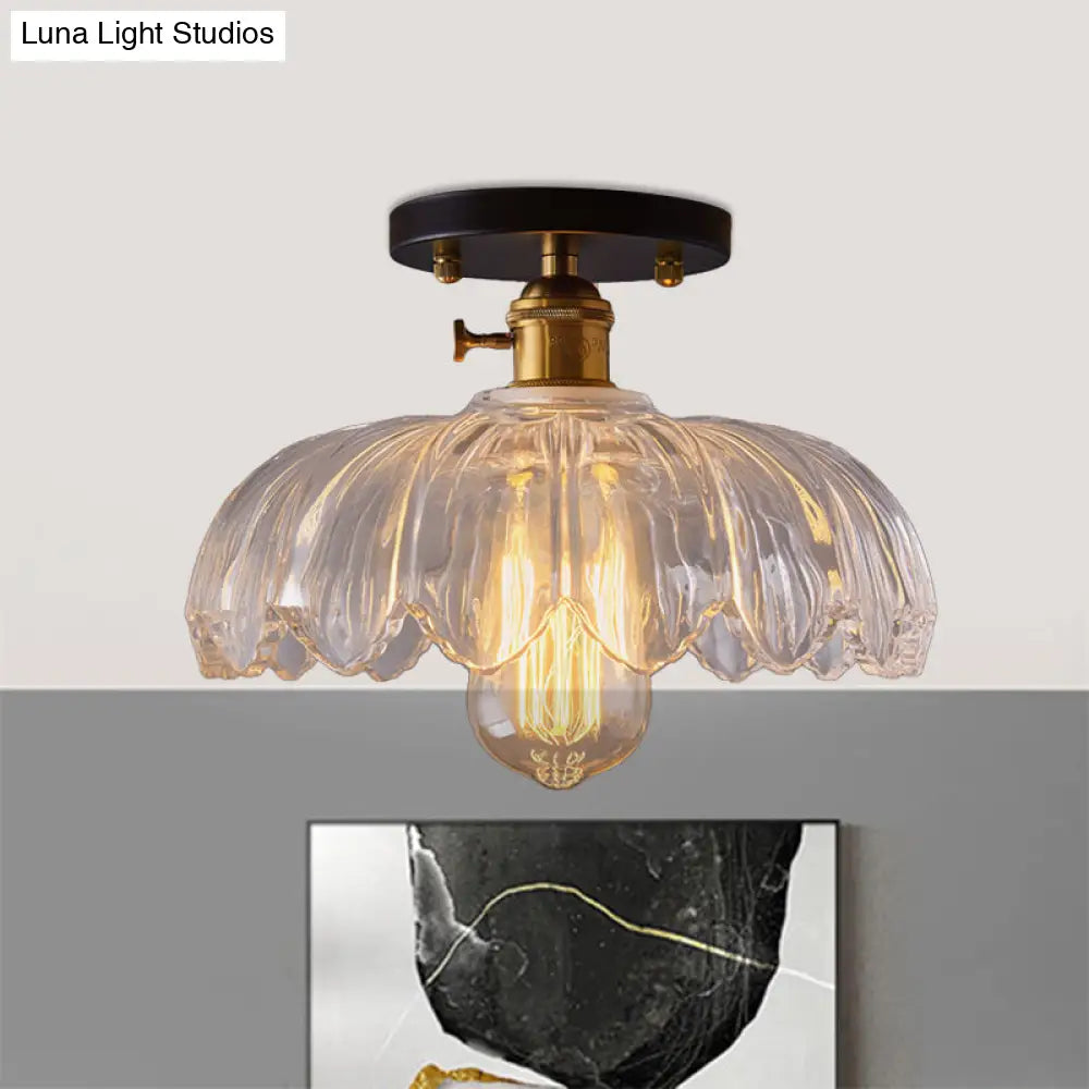 Industrial Prismatic Glass Semi - Flush Ceiling Light With Scalloped Design - White/Amber