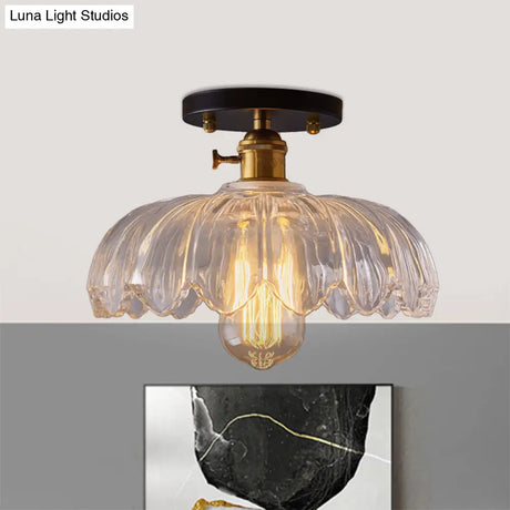 Industrial Prismatic Glass Semi - Flush Ceiling Light With Scalloped Design - White/Amber