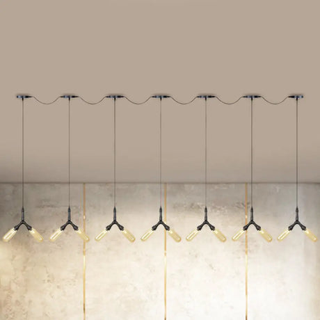 Industrial Restaurant Ceiling Light With Multi Bulbs: Tandem Pendant Lamp In Black Colored Glass