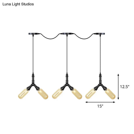 Industrial Restaurant Ceiling Light With Multi Bulbs: Tandem Pendant Lamp In Black Colored Glass