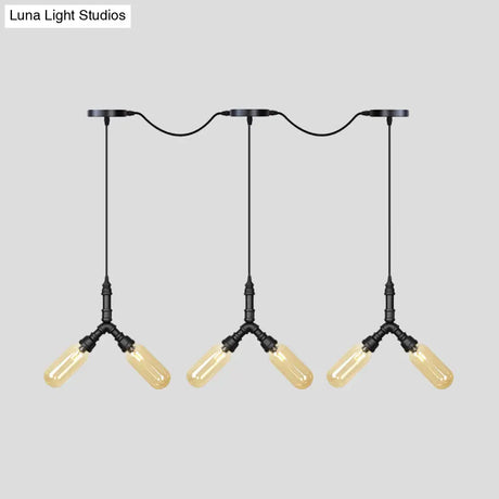 Industrial Restaurant Ceiling Light With Multi Bulbs: Tandem Pendant Lamp In Black Colored Glass