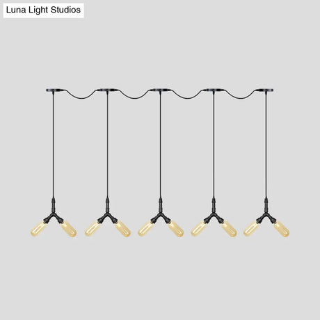 Industrial Restaurant Ceiling Light With Multi Bulbs: Tandem Pendant Lamp In Black Colored Glass