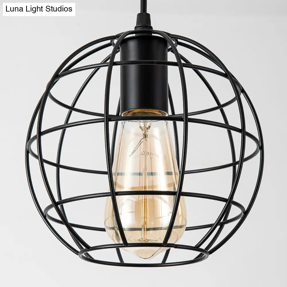 Industrial Retro Black Metal Pendant Light With Spherical Cage - Ideal For Restaurants