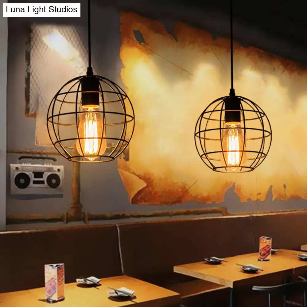 Industrial Retro Black Metal Pendant Light With Spherical Cage - Ideal For Restaurants