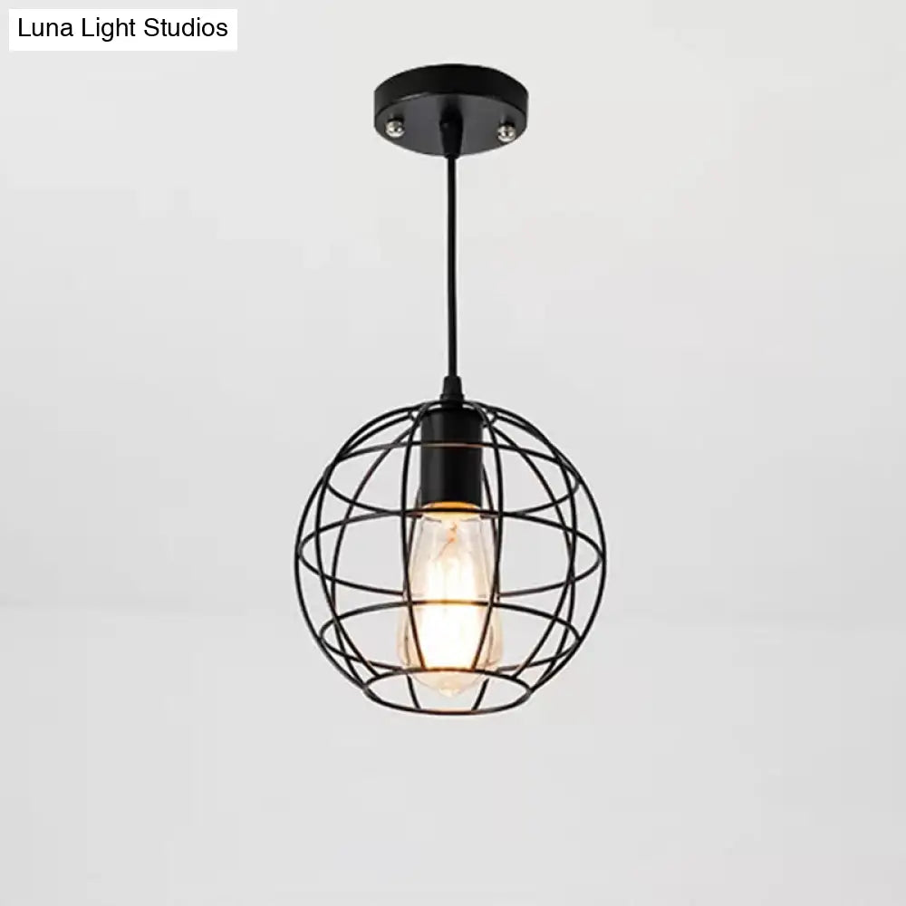 Industrial Retro Black Metal Pendant Light With Spherical Cage - Ideal For Restaurants