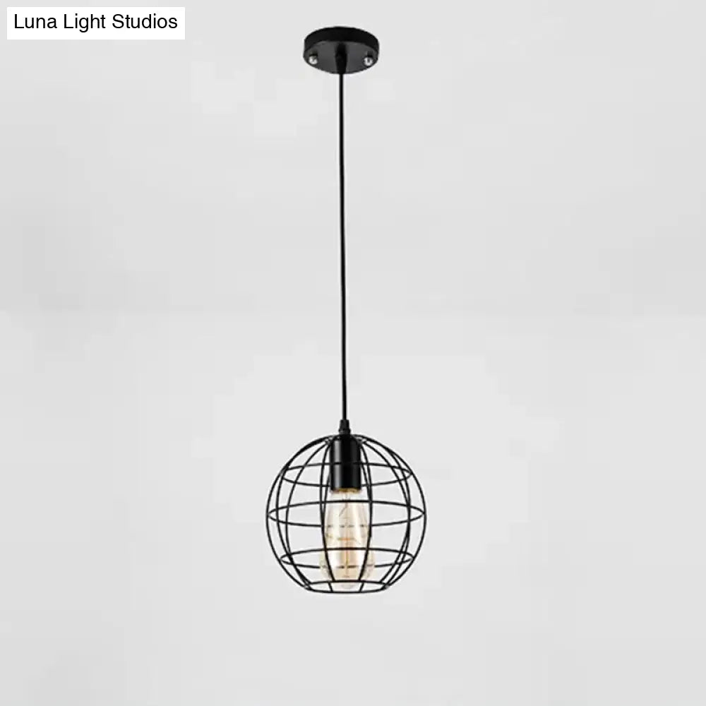 Industrial Retro Black Metal Pendant Light With Spherical Cage - Ideal For Restaurants
