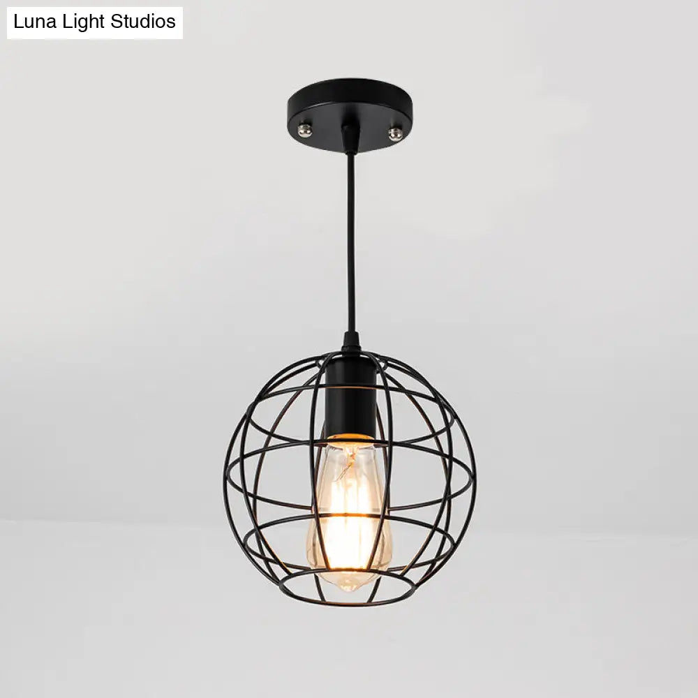 Industrial Retro Black Metal Pendant Light With Spherical Cage - Ideal For Restaurants