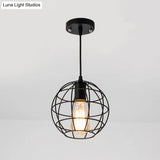 Industrial Retro Black Metal Pendant Light With Spherical Cage - Ideal For Restaurants