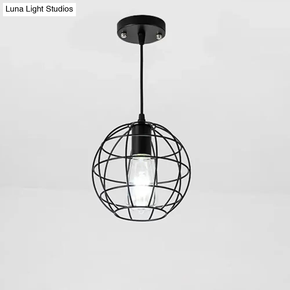 Industrial Retro Black Metal Pendant Light With Spherical Cage - Ideal For Restaurants
