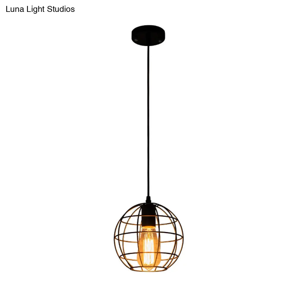 Industrial Retro Black Metal Pendant Light With Spherical Cage - Ideal For Restaurants