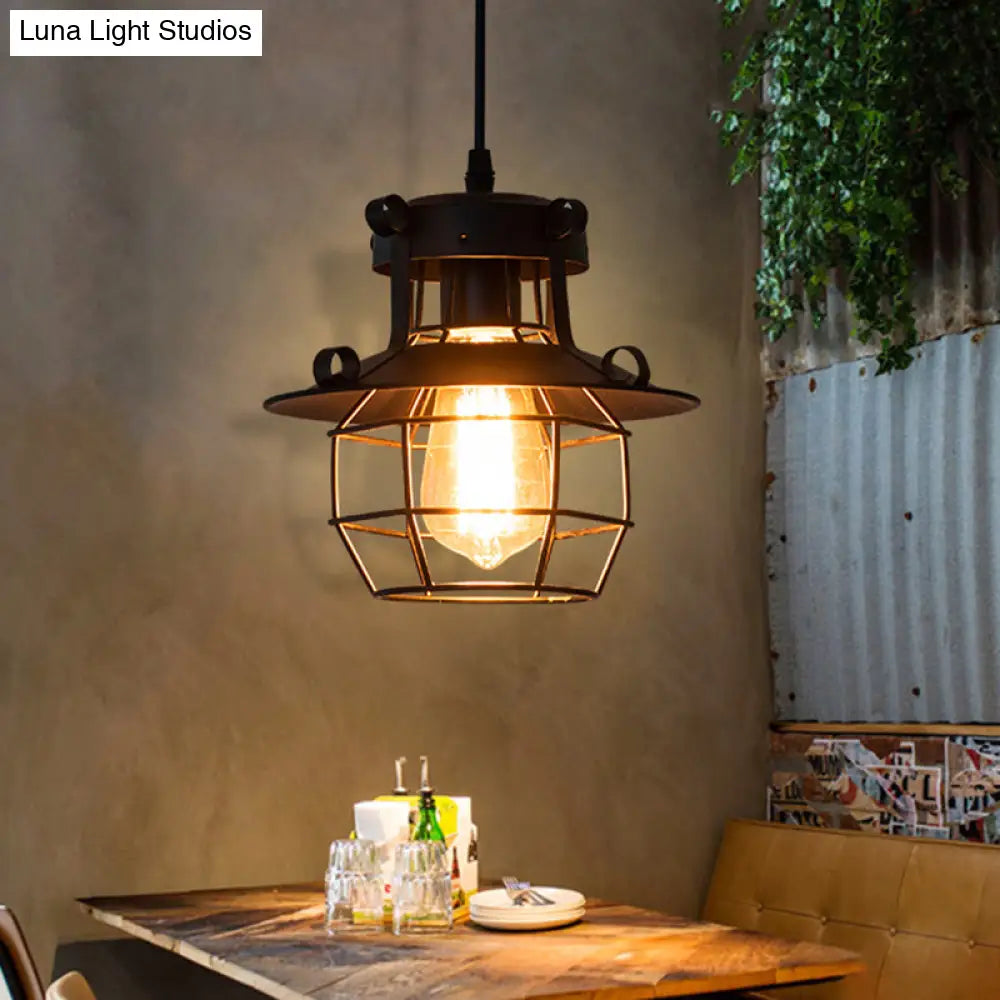 Industrial Retro Black Metal Pendant Light With Wire Cage - Perfect For Restaurants