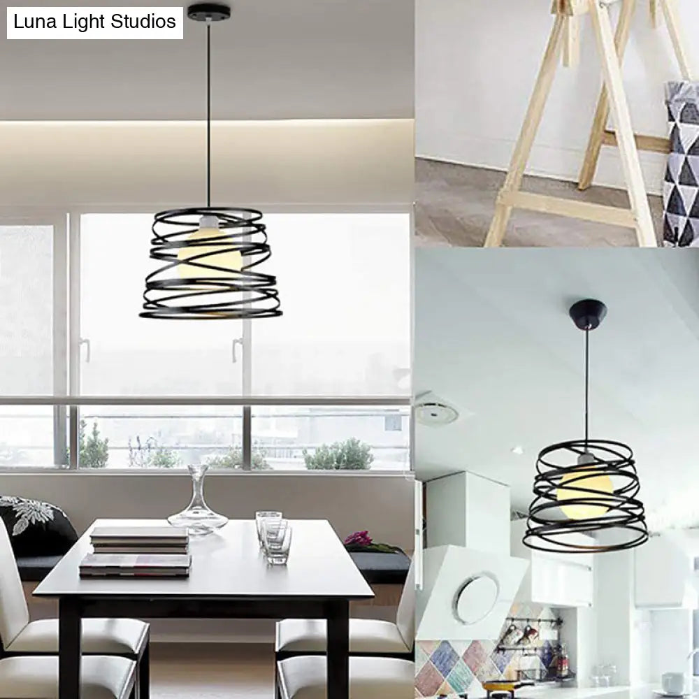 Industrial Retro Cylinder Cage Pendant Light - Black Metal Hanging Lamp For Restaurants