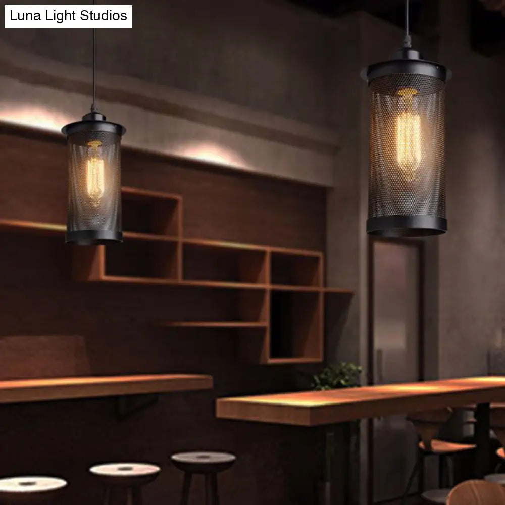 Industrial Retro Style Hanging Light - Black Iron Cage Pendant Fixture With Single Bulb