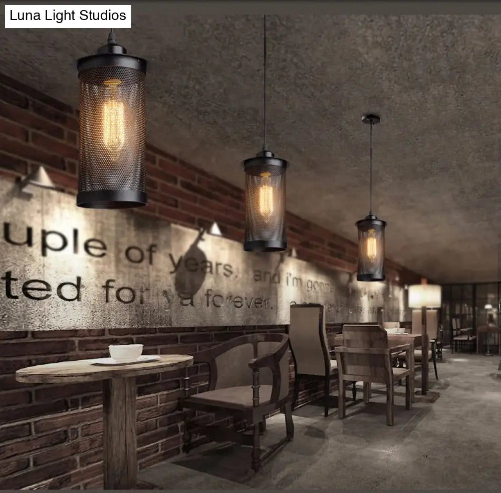 Industrial Retro Style Hanging Light - Black Iron Cage Pendant Fixture With Single Bulb
