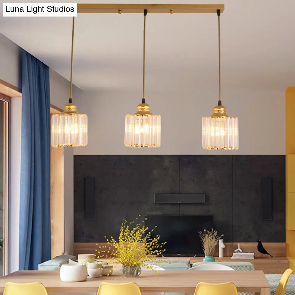 Industrial Ribbed Glass Hanging Ceiling Light With 3 Cylinder Shades - Perfect For Restaurants