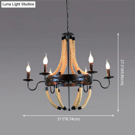 Industrial Rope Style Chandelier Pendant Lamp - Elegant Black Finish Candle Shape Adjustable 39’