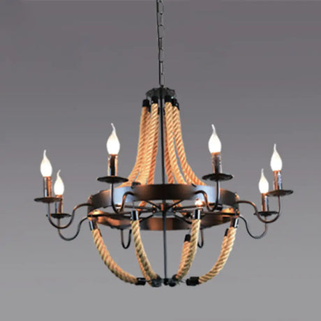 Industrial Rope Style Chandelier Pendant Lamp - Elegant Black Finish Candle Shape Adjustable 39’