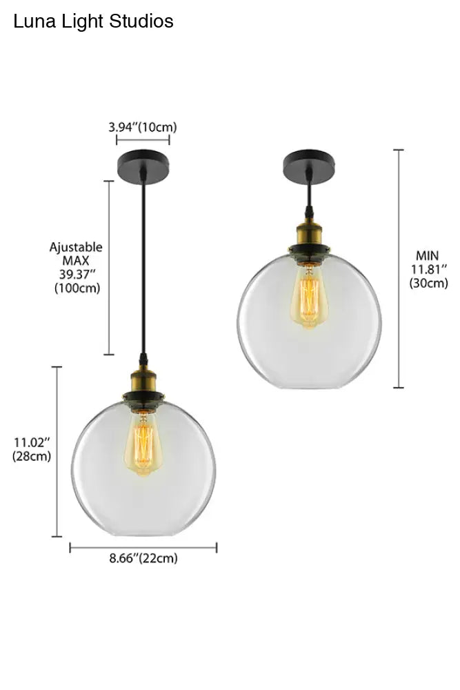 Industrial Round Pendant Light - 1 Clear Glass Hanging Lamp In Brass (8’/10’/12’ Wide)