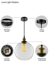 Industrial Round Pendant Light - 1 Clear Glass Hanging Lamp In Brass (8’/10’/12’ Wide)