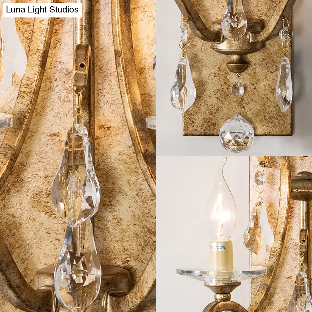Industrial Rust Iron Wall Sconce With Teardrop Crystal 2 Bulb Candle Style Light