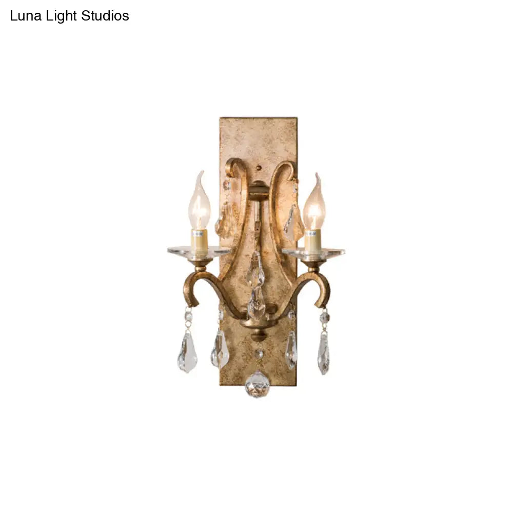 Industrial Rust Iron Wall Sconce With Teardrop Crystal 2 Bulb Candle Style Light