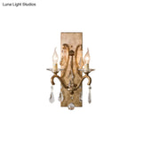 Industrial Rust Iron Wall Sconce With Teardrop Crystal 2 Bulb Candle Style Light