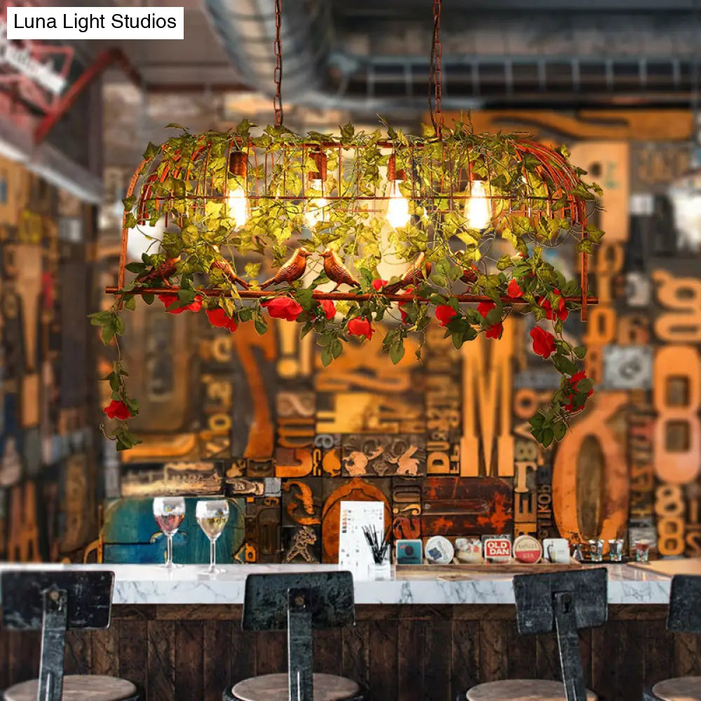 Industrial Rust Metal Hanging Lamp: 4 Lights Bird Cage Island Light With Flower Design For