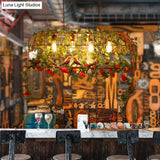 Industrial Rust Metal Hanging Lamp: 4 Lights Bird Cage Island Light With Flower Design For
