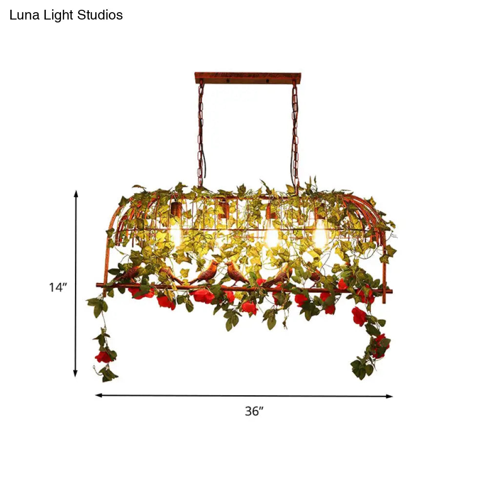 Industrial Rust Metal Hanging Lamp: 4 Lights Bird Cage Island Light With Flower Design For