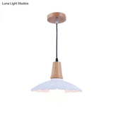 Industrial Scalloped Metal Hanging Pendant Light With Wooden Cap - White/Black