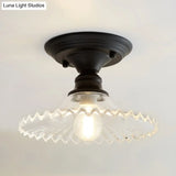Industrial Scalloped Semi Flush Light - One Clear/Green Ribbed Glass Lighting Fixture For Indoor