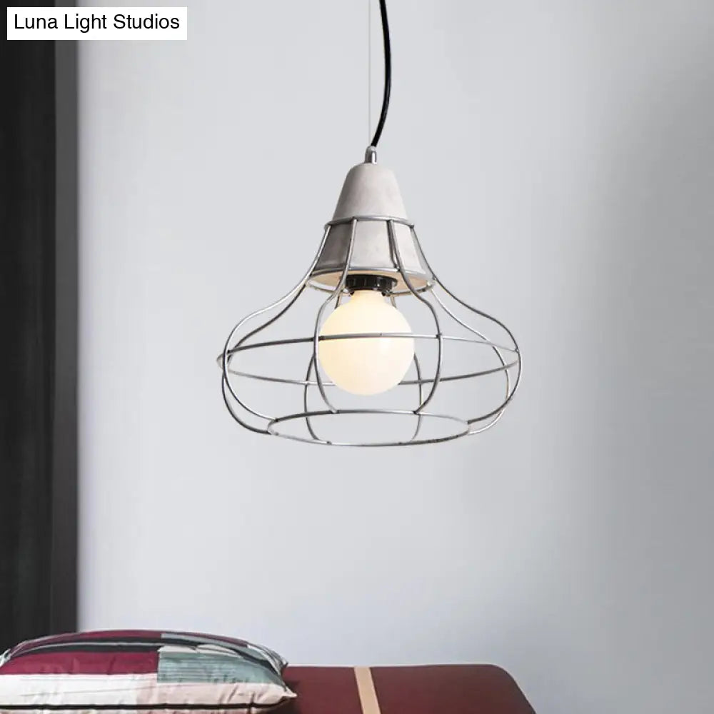 Industrial Silver Cage Pendant Light Fixture For Coffee House 1 Head Iron Cement Ceiling Lamp