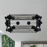 Industrial Style 4-Light Chandelier with Tube Cage Shade - Vertical/Horizontal Indoor Hanging Lamp in Black Black