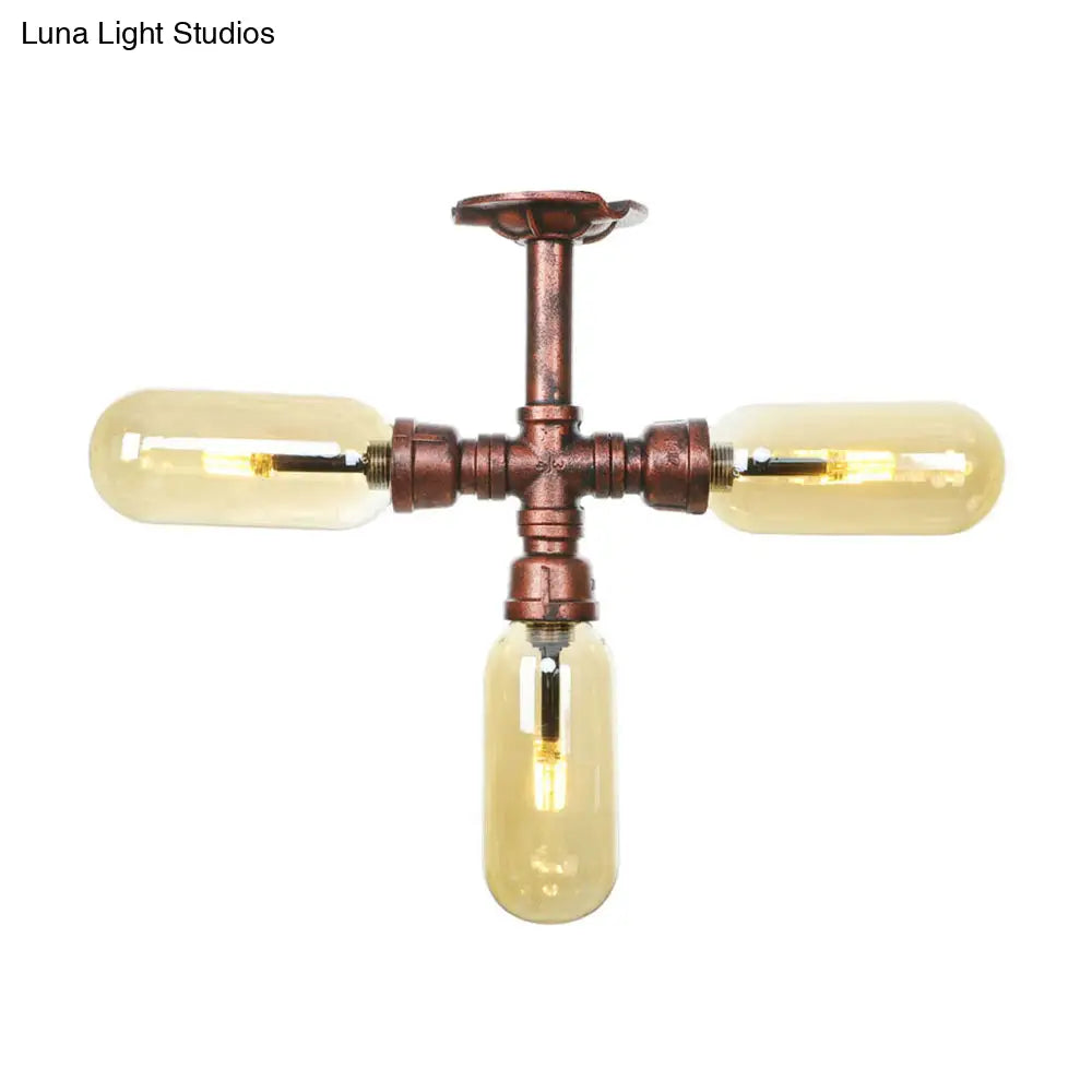 Industrial Style Amber Glass Semi Flush Mount Ceiling Light With Weathered Copper Finish - 3/4/5