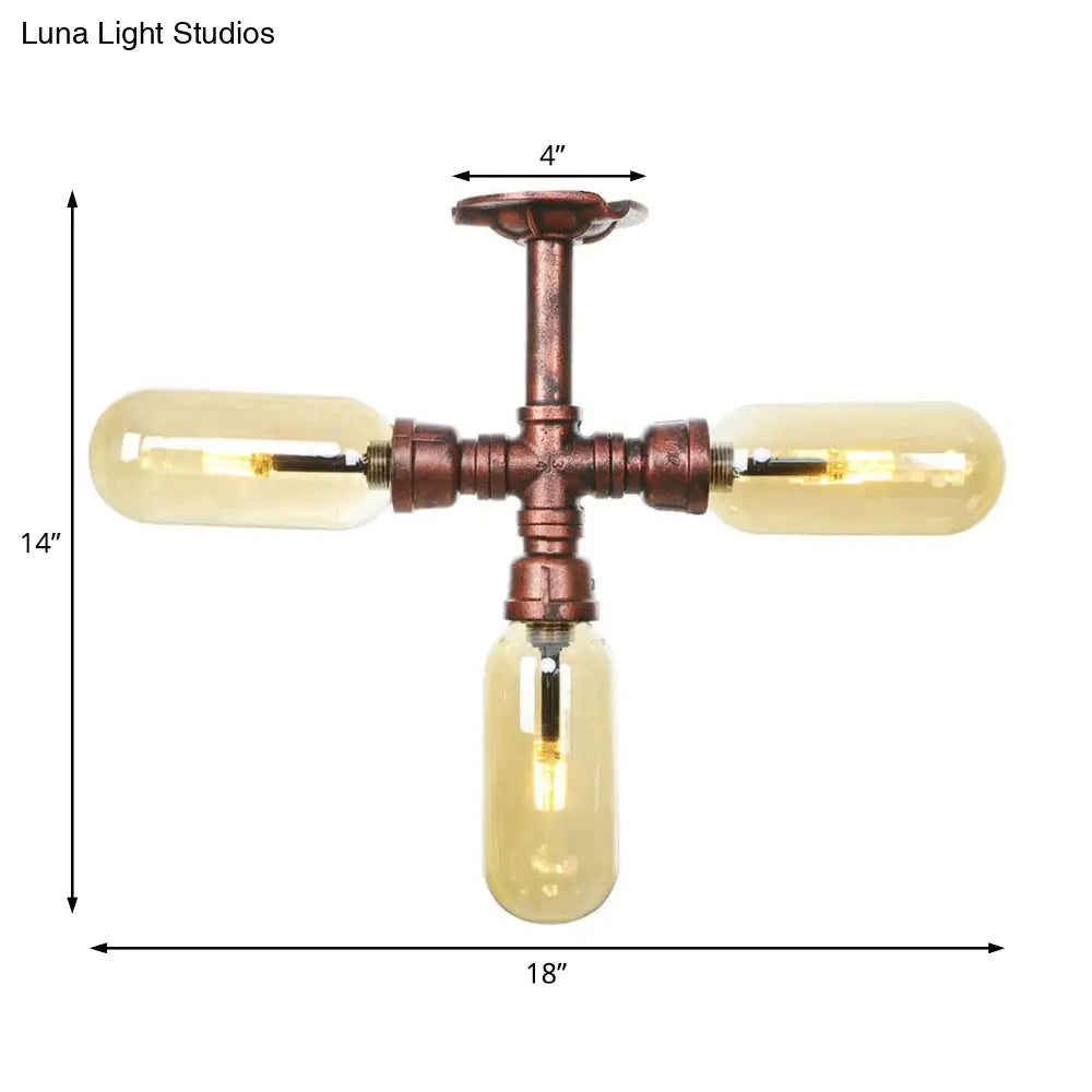 Industrial Style Amber Glass Semi Flush Mount Ceiling Light With Weathered Copper Finish - 3/4/5